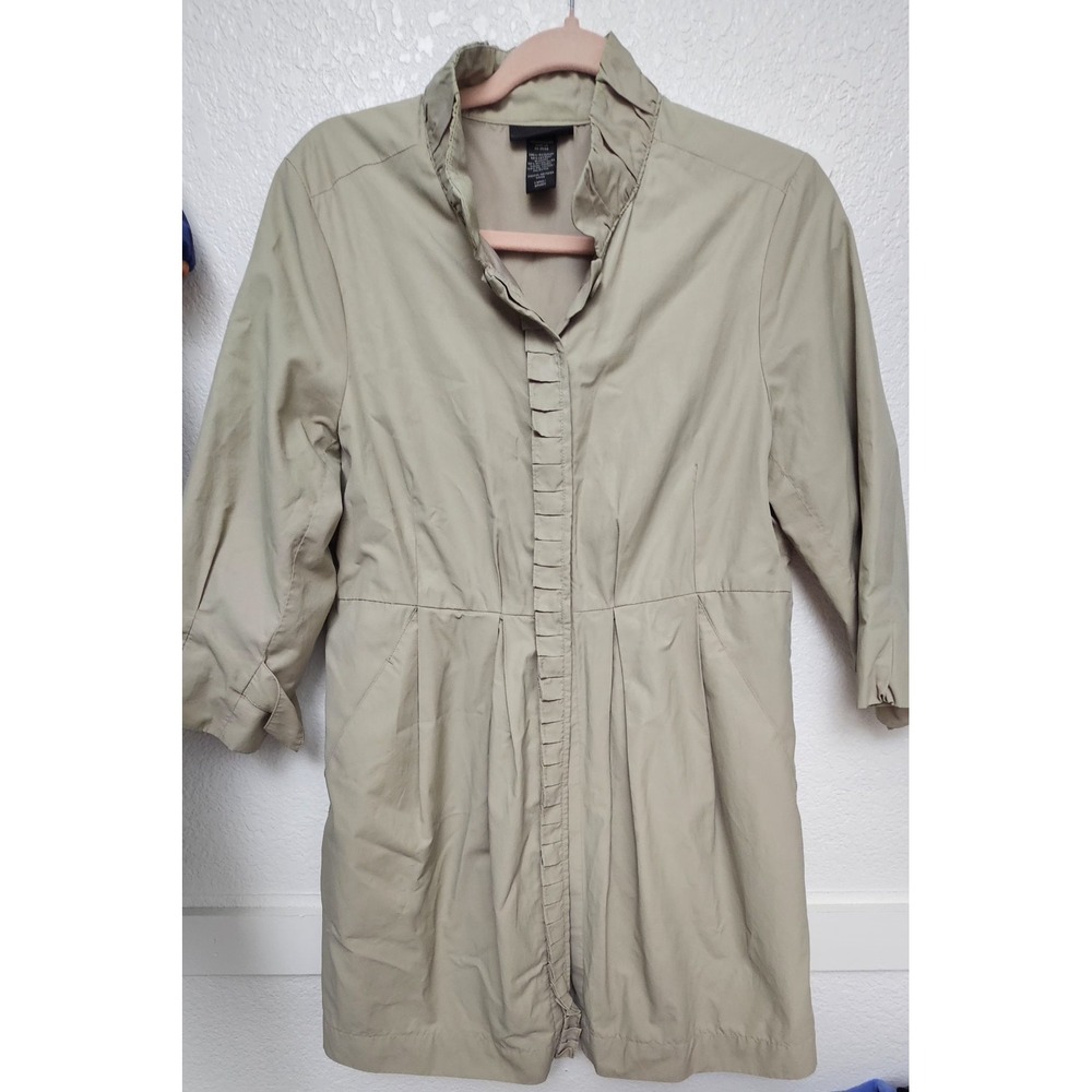 Apostrophe Trench Coat Womens Large Khaki Excellent Ruffle Collar 3/4 Sleeve
